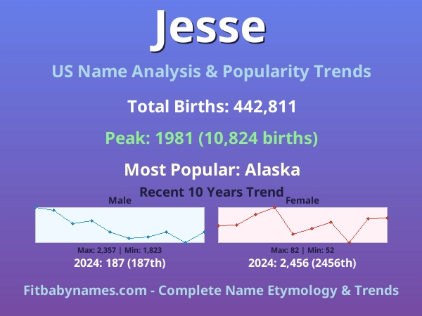 Infographic: Jesse name meaning, origin, and popularity trends in the United States (US baby name analysis chart)