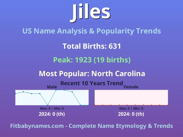 Infographic: Jiles name meaning, origin, and popularity trends in the United States (US baby name analysis chart)