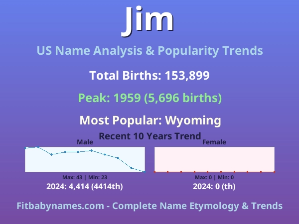 Infographic: Jim name meaning, origin, and popularity trends in the United States (US baby name analysis chart)