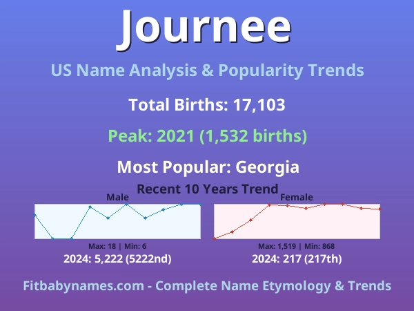 Infographic: Journee name meaning, origin, and popularity trends in the United States (US baby name analysis chart)