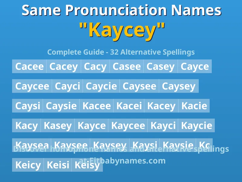 Infographic: Kaycey same pronunciation names, similar names, and homophone names