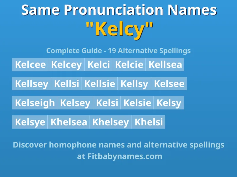 Infographic: Kelcy same pronunciation names, similar names, and homophone names