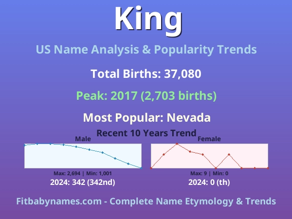 Infographic: King name meaning, origin, and popularity trends in the United States (US baby name analysis chart)