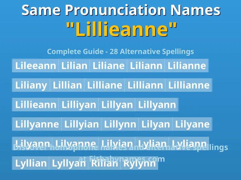 Infographic: Lillieanne same pronunciation names, similar names, and homophone names