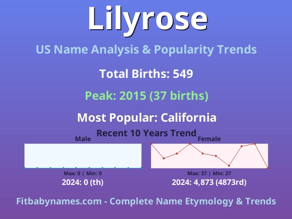 Infographic: Lilyrose name meaning, origin, and popularity trends in the United States (US baby name analysis chart)