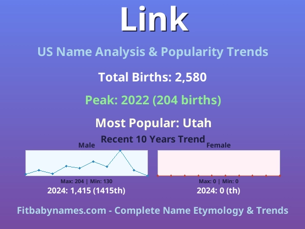 Infographic: Link name meaning, origin, and popularity trends in the United States (US baby name analysis chart)