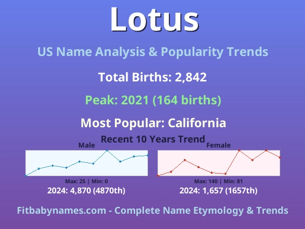 Infographic: Lotus name meaning, origin, and popularity trends in the United States (US baby name analysis chart)