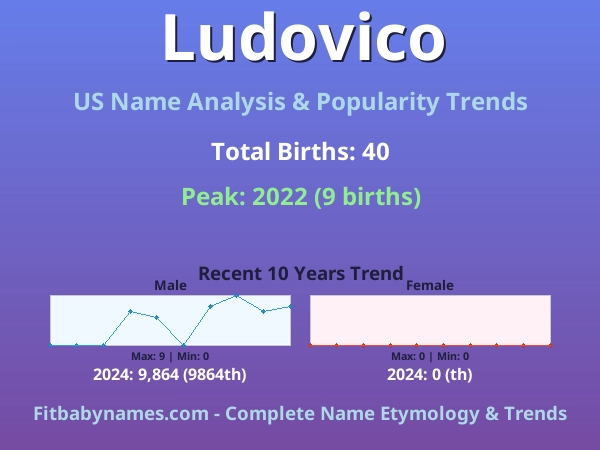 Infographic: Ludovico name meaning, origin, and popularity trends in the United States (US baby name analysis chart)