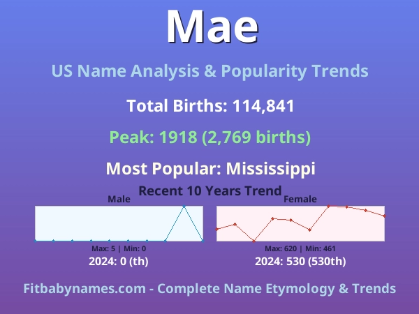 Infographic: Mae name meaning, origin, and popularity trends in the United States (US baby name analysis chart)