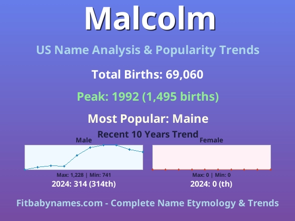 Infographic: Malcolm name meaning, origin, and popularity trends in the United States (US baby name analysis chart)
