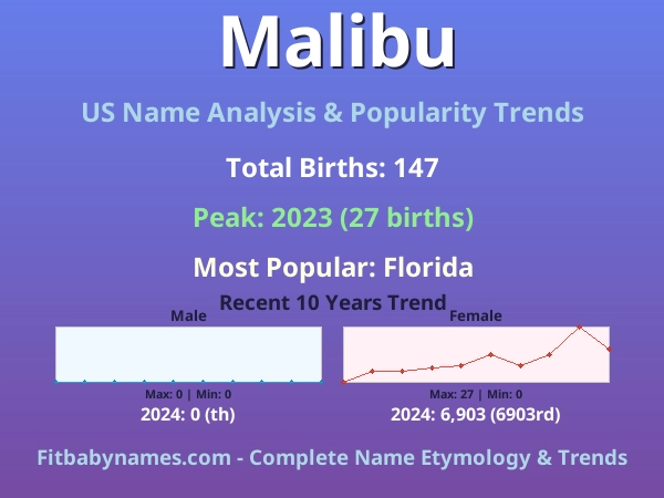 Infographic: Malibu name meaning, origin, and popularity trends in the United States (US baby name analysis chart)