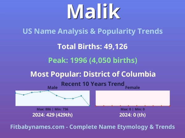 Infographic: Malik name meaning, origin, and popularity trends in the United States (US baby name analysis chart)
