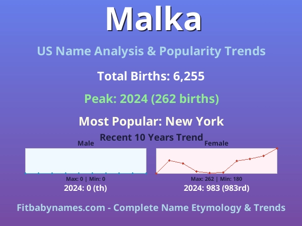 Infographic: Malka name meaning, origin, and popularity trends in the United States (US baby name analysis chart)