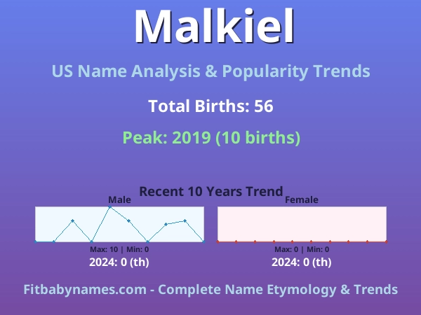 Infographic: Malkiel name meaning, origin, and popularity trends in the United States (US baby name analysis chart)