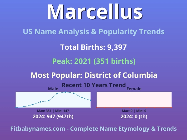 Infographic: Marcellus name meaning, origin, and popularity trends in the United States (US baby name analysis chart)