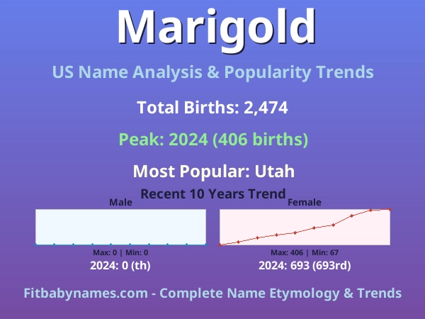Infographic: Marigold name meaning, origin, and popularity trends in the United States (US baby name analysis chart)
