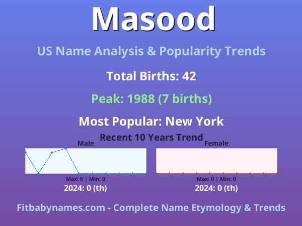 Infographic: Masood name meaning, origin, and popularity trends in the United States (US baby name analysis chart)