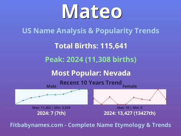 Infographic: Mateo name meaning, origin, and popularity trends in the United States (US baby name analysis chart)