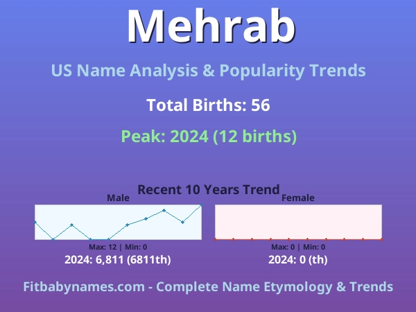 Infographic: Mehrab name meaning, origin, and popularity trends in the United States (US baby name analysis chart)