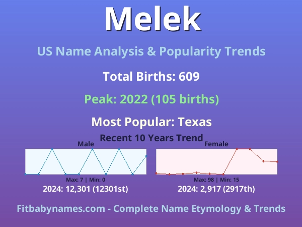 Infographic: Melek name meaning, origin, and popularity trends in the United States (US baby name analysis chart)
