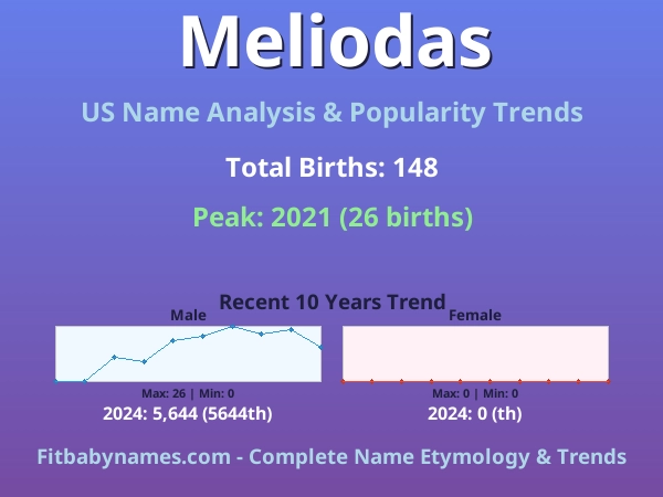 Infographic: Meliodas name meaning, origin, and popularity trends in the United States (US baby name analysis chart)
