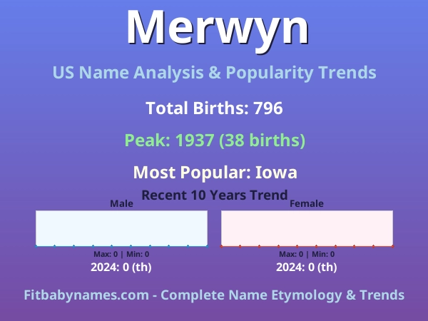 Infographic: Merwyn name meaning, origin, and popularity trends in the United States (US baby name analysis chart)