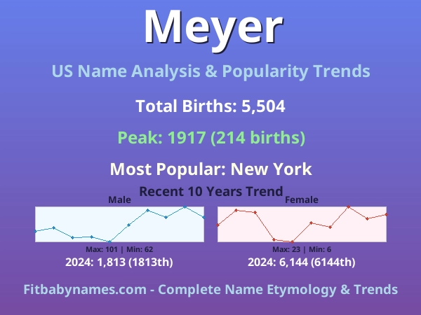 Infographic: Meyer name meaning, origin, and popularity trends in the United States (US baby name analysis chart)