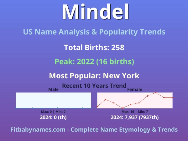 Infographic: Mindel name meaning, origin, and popularity trends in the United States (US baby name analysis chart)