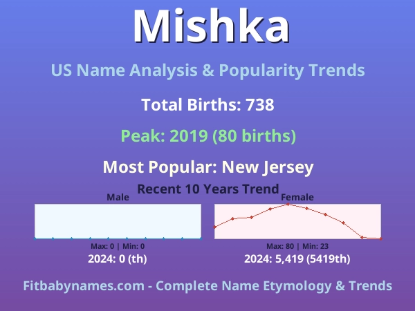Infographic: Mishka name meaning, origin, and popularity trends in the United States (US baby name analysis chart)