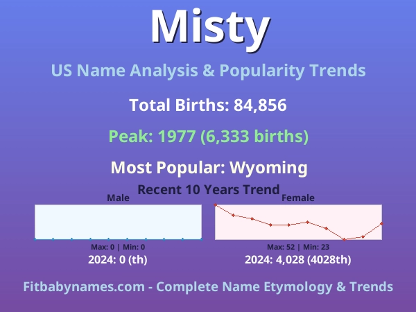 Infographic: Misty name meaning, origin, and popularity trends in the United States (US baby name analysis chart)