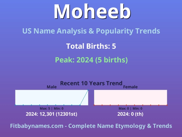 Infographic: Moheeb name meaning, origin, and popularity trends in the United States (US baby name analysis chart)