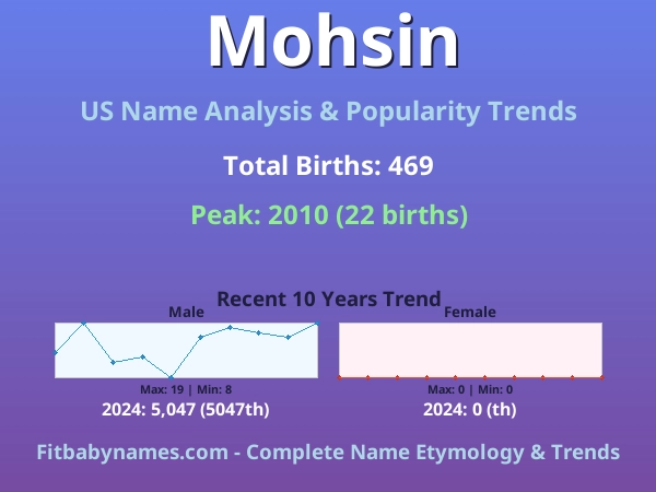 Infographic: Mohsin name meaning, origin, and popularity trends in the United States (US baby name analysis chart)