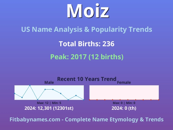 Infographic: Moiz name meaning, origin, and popularity trends in the United States (US baby name analysis chart)
