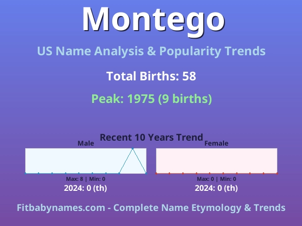 Infographic: Montego name meaning, origin, and popularity trends in the United States (US baby name analysis chart)