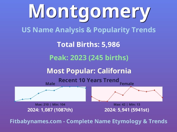 Infographic: Montgomery name meaning, origin, and popularity trends in the United States (US baby name analysis chart)