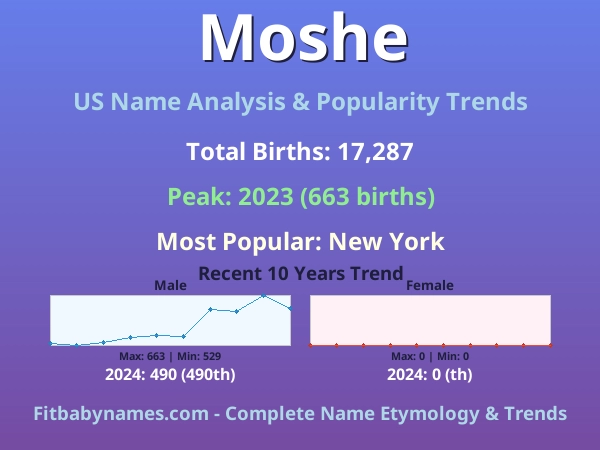 Infographic: Moshe name meaning, origin, and popularity trends in the United States (US baby name analysis chart)