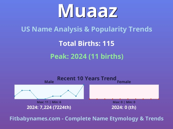Infographic: Muaaz name meaning, origin, and popularity trends in the United States (US baby name analysis chart)