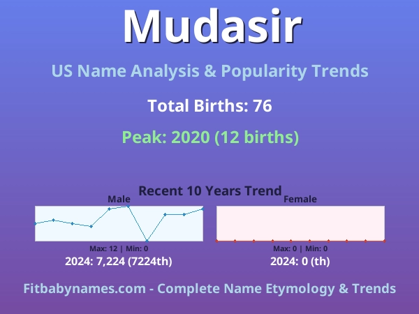 Infographic: Mudasir name meaning, origin, and popularity trends in the United States (US baby name analysis chart)