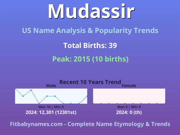 Infographic: Mudassir name meaning, origin, and popularity trends in the United States (US baby name analysis chart)