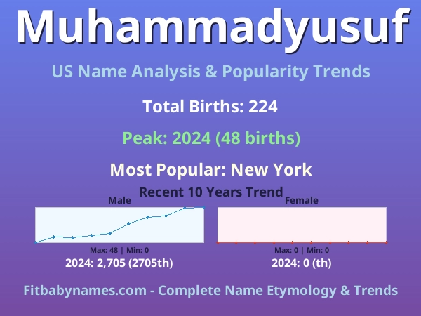 Infographic: Muhammadyusuf name meaning, origin, and popularity trends in the United States (US baby name analysis chart)