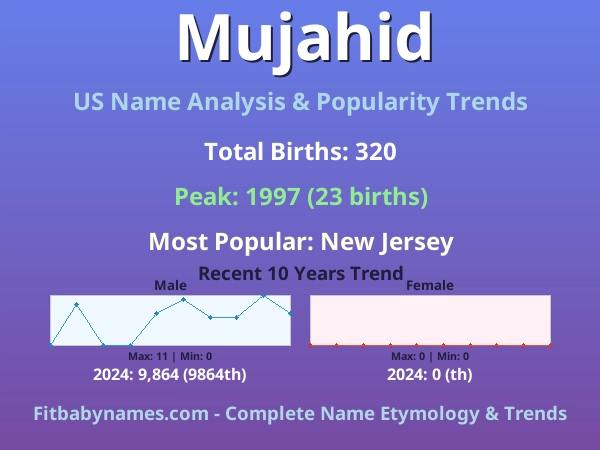 Infographic: Mujahid name meaning, origin, and popularity trends in the United States (US baby name analysis chart)