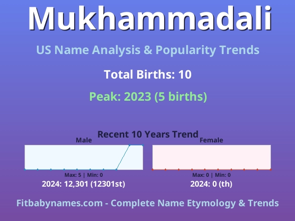 Infographic: Mukhammadali name meaning, origin, and popularity trends in the United States (US baby name analysis chart)