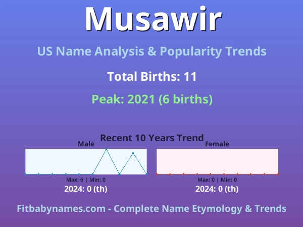 Infographic: Musawir name meaning, origin, and popularity trends in the United States (US baby name analysis chart)