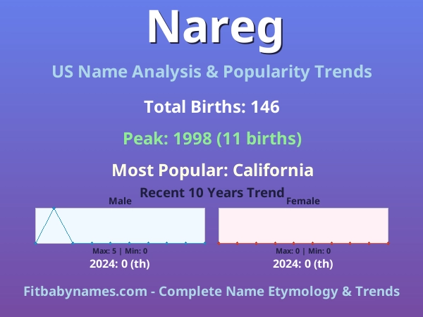 Infographic: Nareg name meaning, origin, and popularity trends in the United States (US baby name analysis chart)