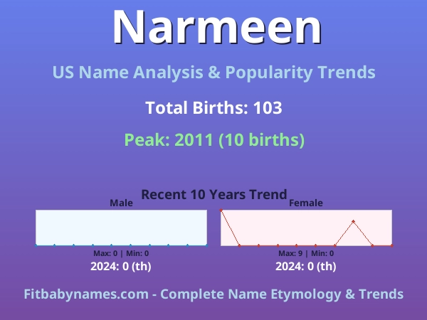 Infographic: Narmeen name meaning, origin, and popularity trends in the United States (US baby name analysis chart)