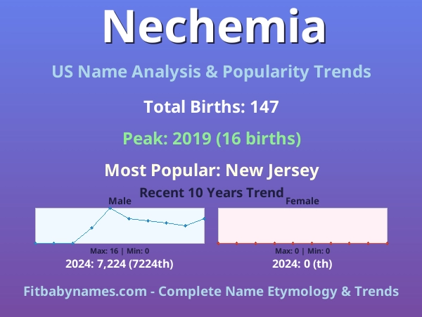 Infographic: Nechemia name meaning, origin, and popularity trends in the United States (US baby name analysis chart)