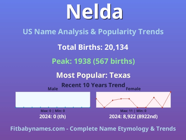 Infographic: Nelda name meaning, origin, and popularity trends in the United States (US baby name analysis chart)