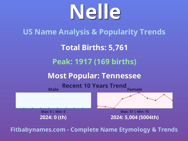 Infographic: Nelle name meaning, origin, and popularity trends in the United States (US baby name analysis chart)