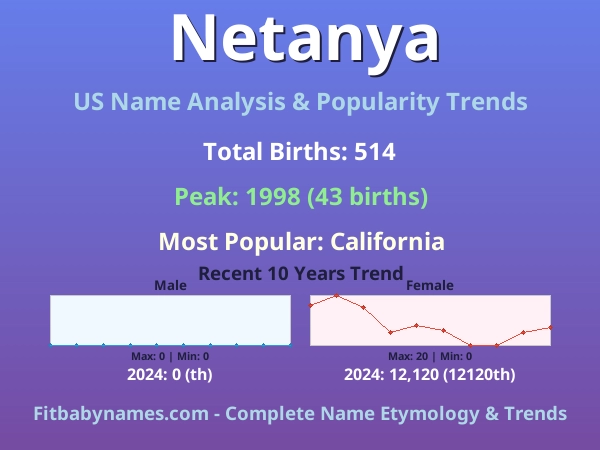 Infographic: Netanya name meaning, origin, and popularity trends in the United States (US baby name analysis chart)