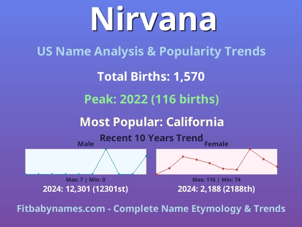 Infographic: Nirvana name meaning, origin, and popularity trends in the United States (US baby name analysis chart)
